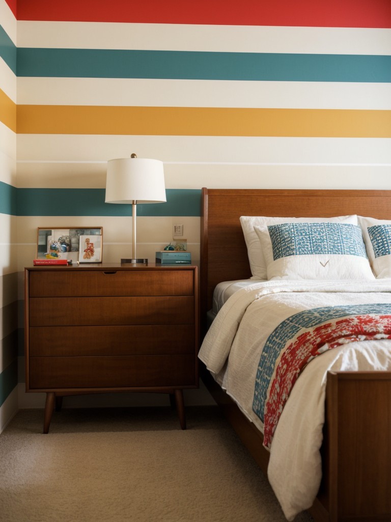 Retro-inspired men's bedroom with mid-century modern furniture, funky patterns, and bold color choices for a nostalgic vibe.