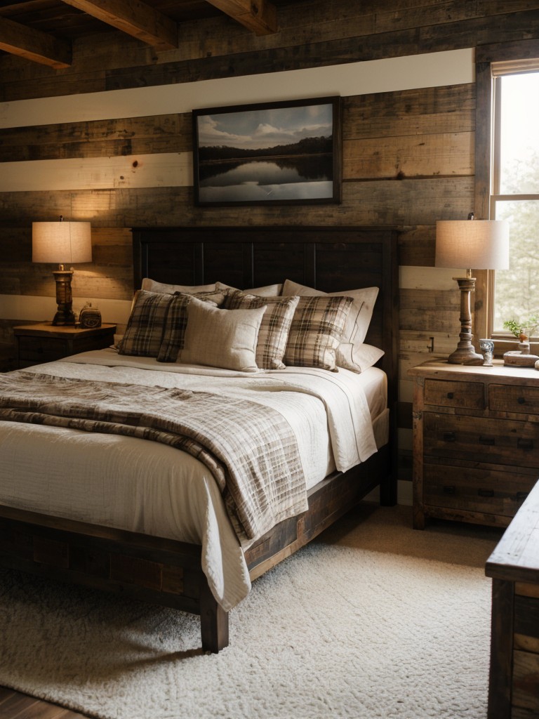 Rustic-inspired men's bedroom with reclaimed wood furniture, plaid bedding, and nature-inspired decor for a cozy and laid-back feel.