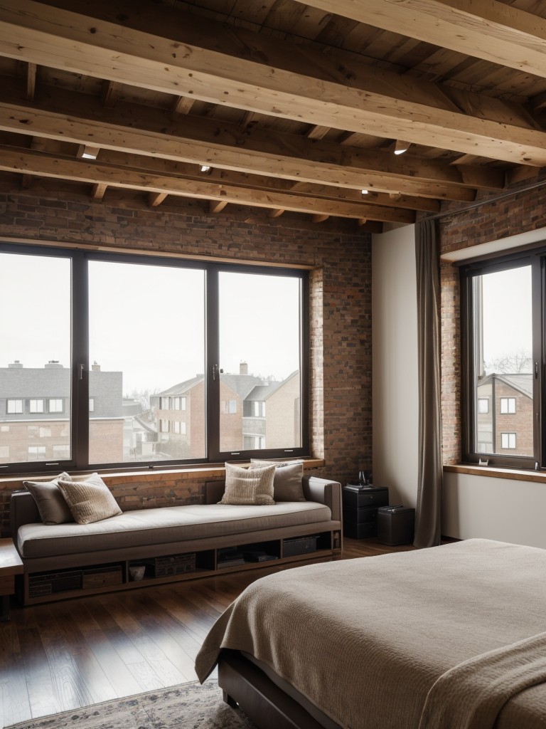 Sophisticated loft-style bedroom with an open concept design, exposed beams, floor-to-ceiling windows, and a blend of modern and vintage elements.