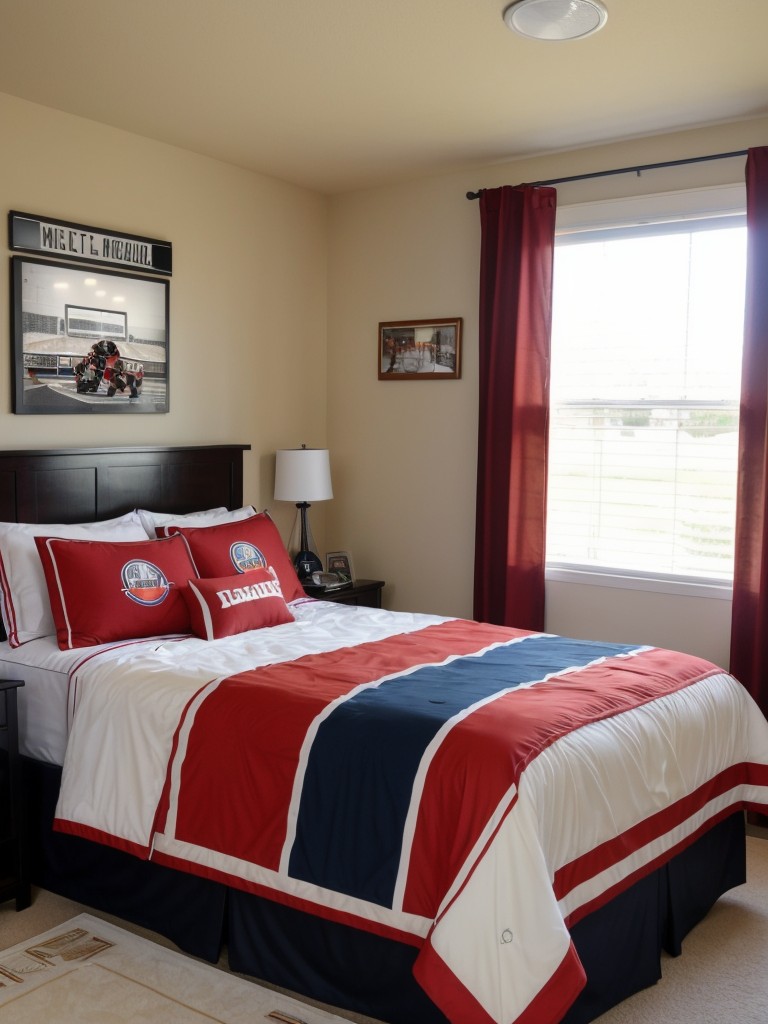 Sports-themed bedroom for the sports enthusiast, featuring memorabilia display, sports-themed bedding, and vibrant team colors.