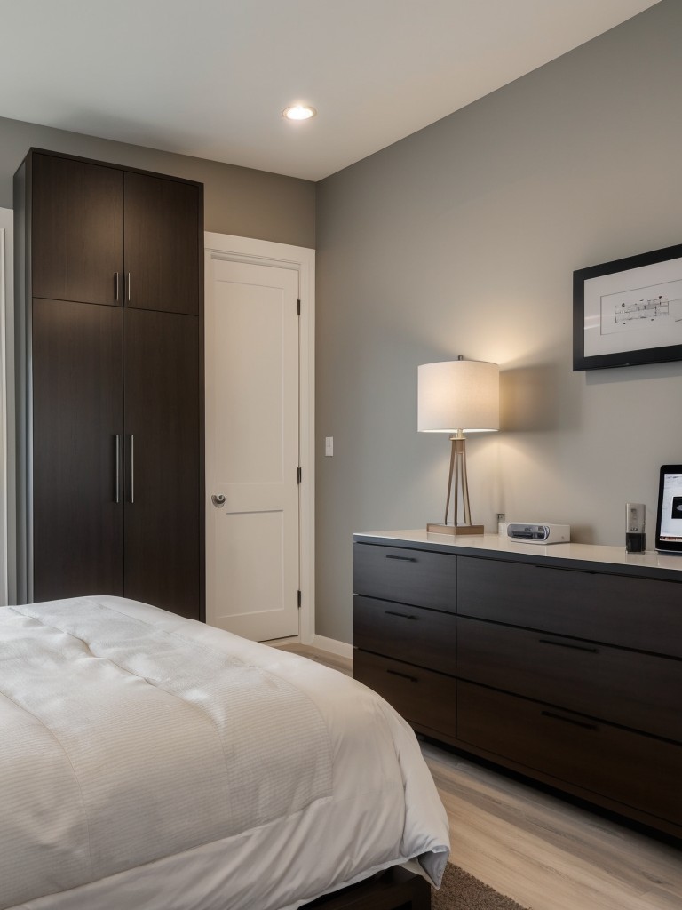 Tech-savvy bedroom design for the gadget-loving man, featuring built-in charging stations, automated lighting, and sleek technology integration.