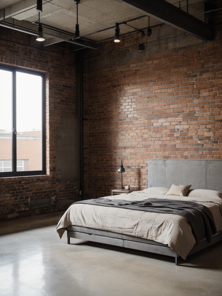 Urban loft bedroom design with an industrial-chic aesthetic, exposed brick walls, concrete flooring, and minimalist furniture for a trendy and contemporary feel.