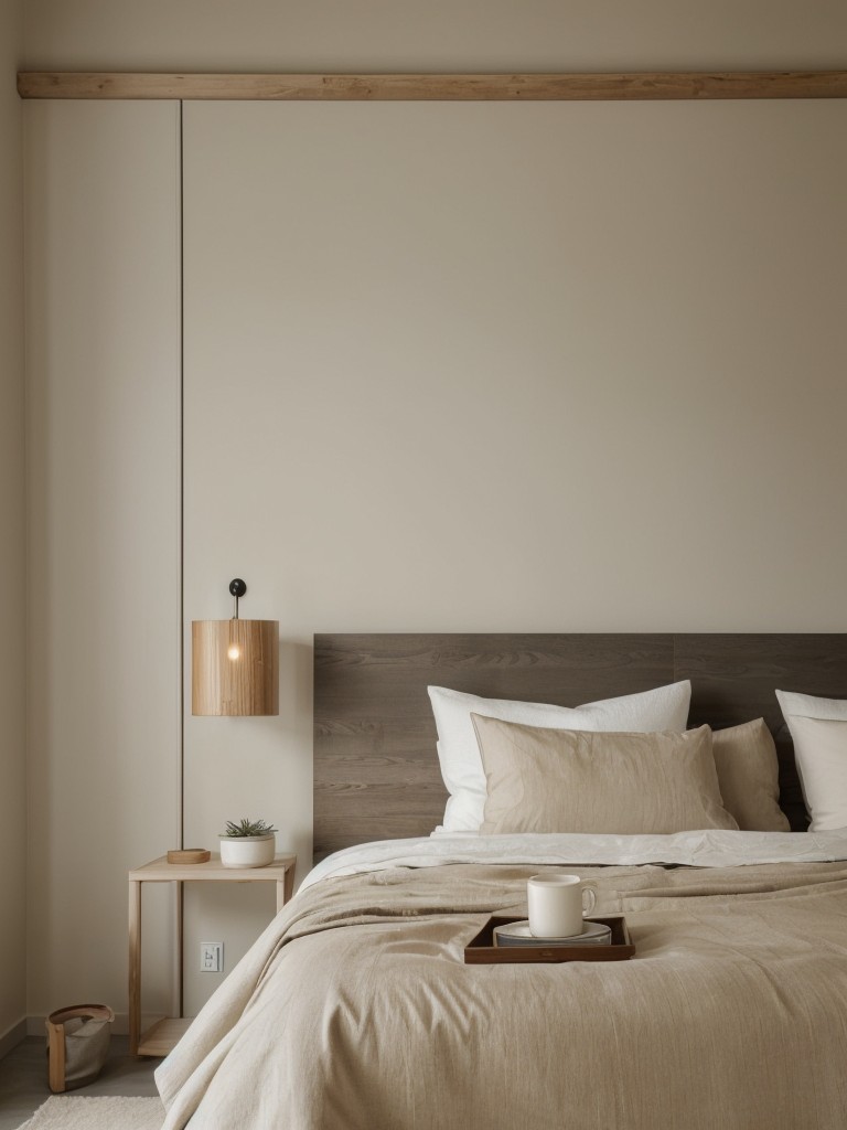 Zen-inspired bedroom design with neutral color palette, natural materials, and minimalistic decor for a calming and tranquil atmosphere.
