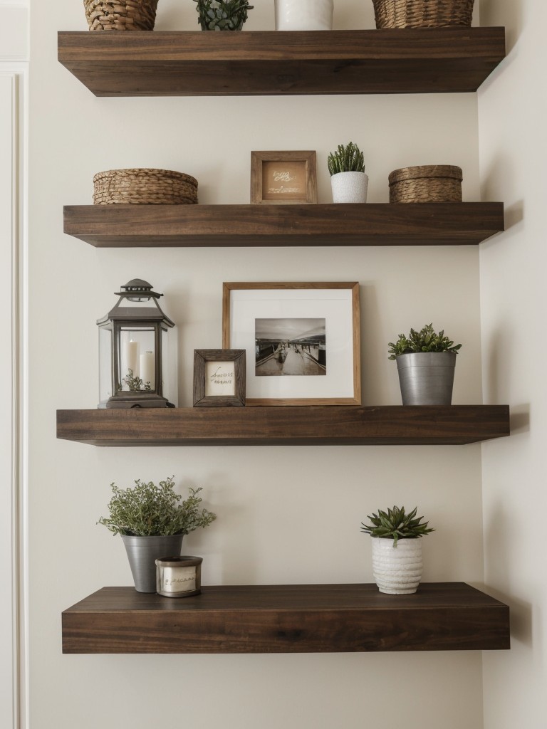 Incorporate wall-mounted floating shelves to display a curated collection of decor items.