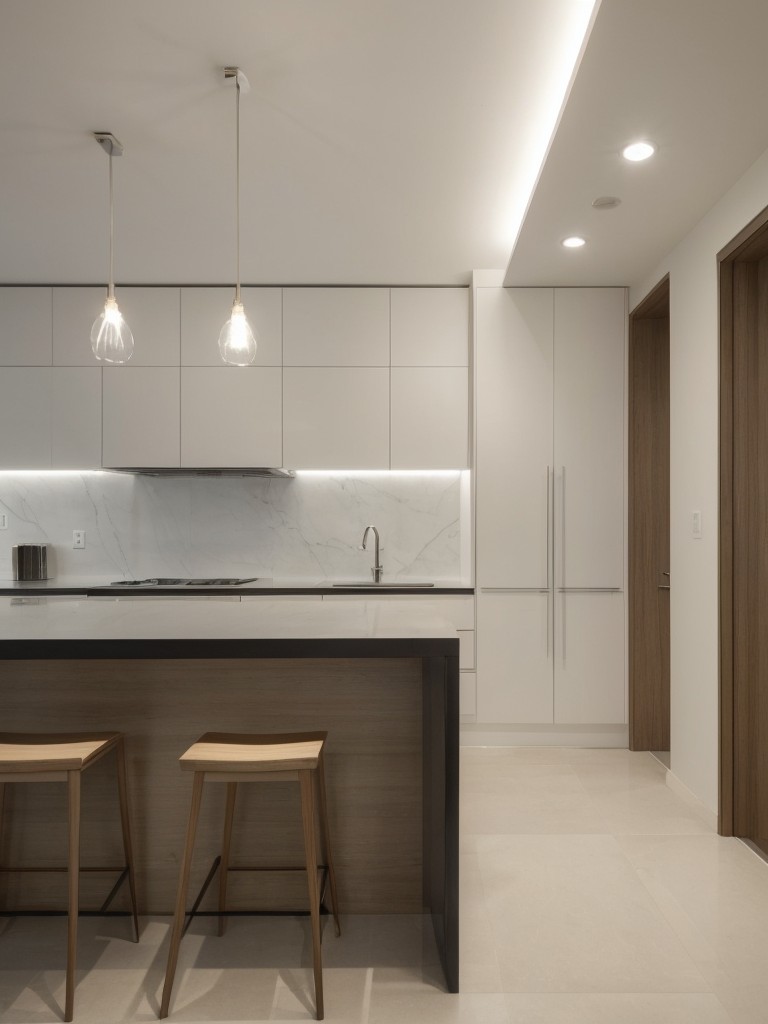 Install recessed lighting or pendant lights to keep the room well-lit without compromising the minimalist aesthetic.