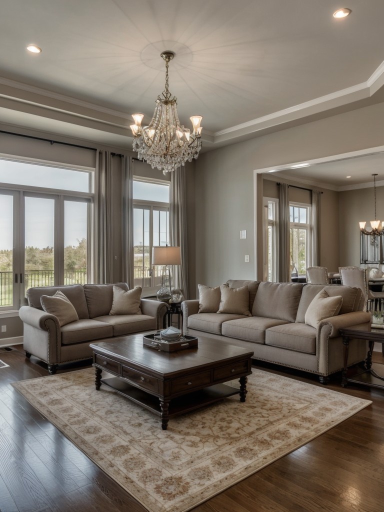 Incorporate a statement chandelier in the center of the living room to add drama and elegance.