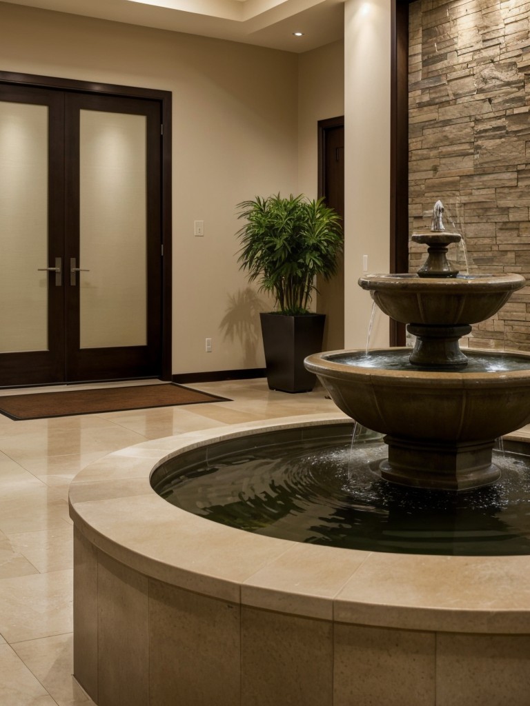 Integrate a small water feature or a decorative wall fountain to add a soothing and tranquil element to the lobby design, creating a peaceful atmosphere for residents and guests.