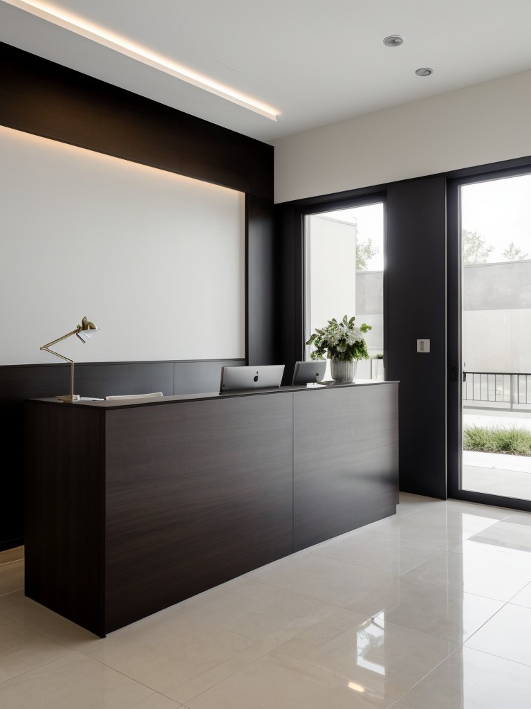 Utilize a minimalist approach with sleek furniture, a statement lighting fixture, and a small reception desk to create a clean and modern feel in the lobby.
