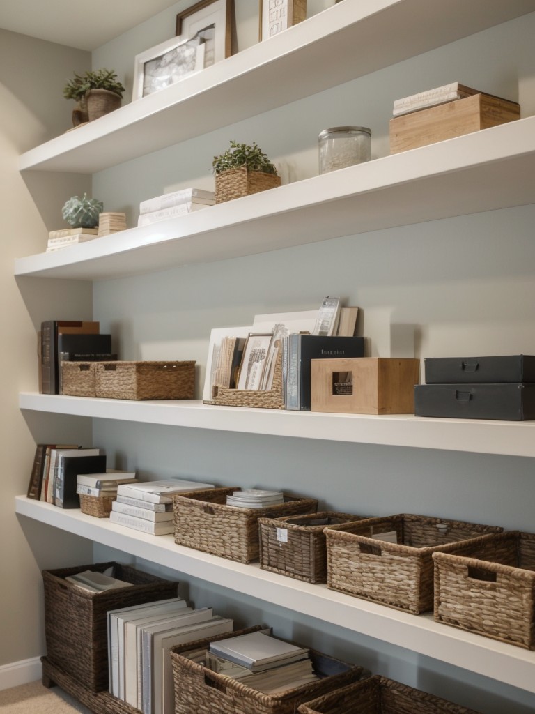 Utilize wall-mounted shelves or floating shelves to display decorative items or offer reading materials for guests in a space-saving manner.