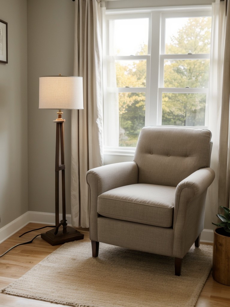 Incorporate a small reading nook or a cozy seating area with a comfy chair and a floor lamp for relaxation and unwinding.
