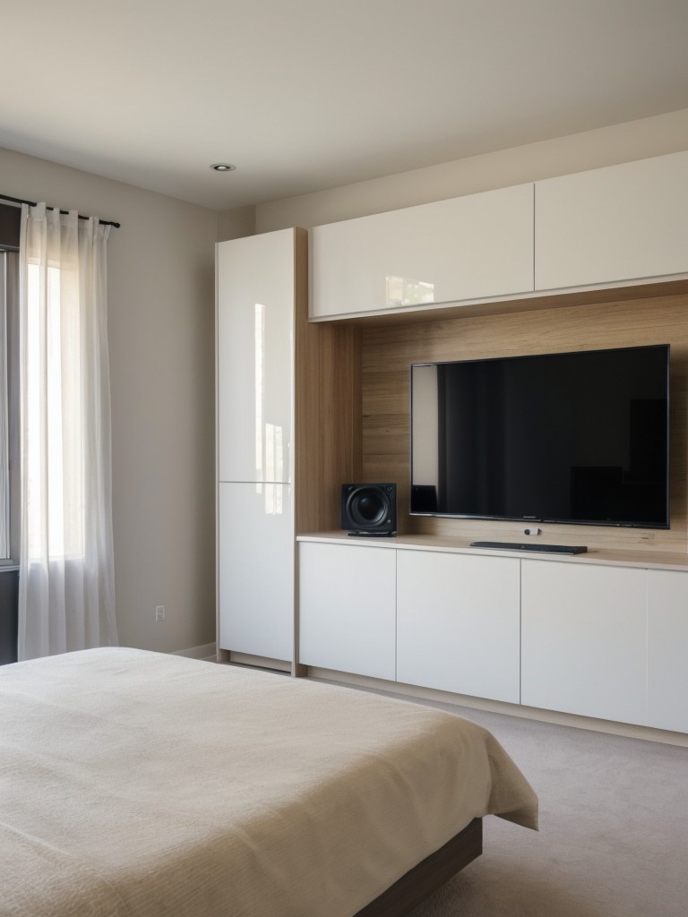 Install a wall-mounted TV to save floor space and create a sleek, modern look in the bedroom.
