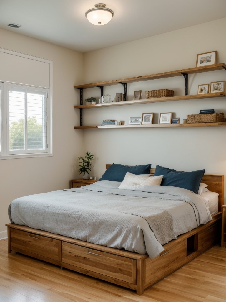 Reserve the majority of the floor space for essential furniture such as the bed, and opt for wall-mounted shelves for storage.