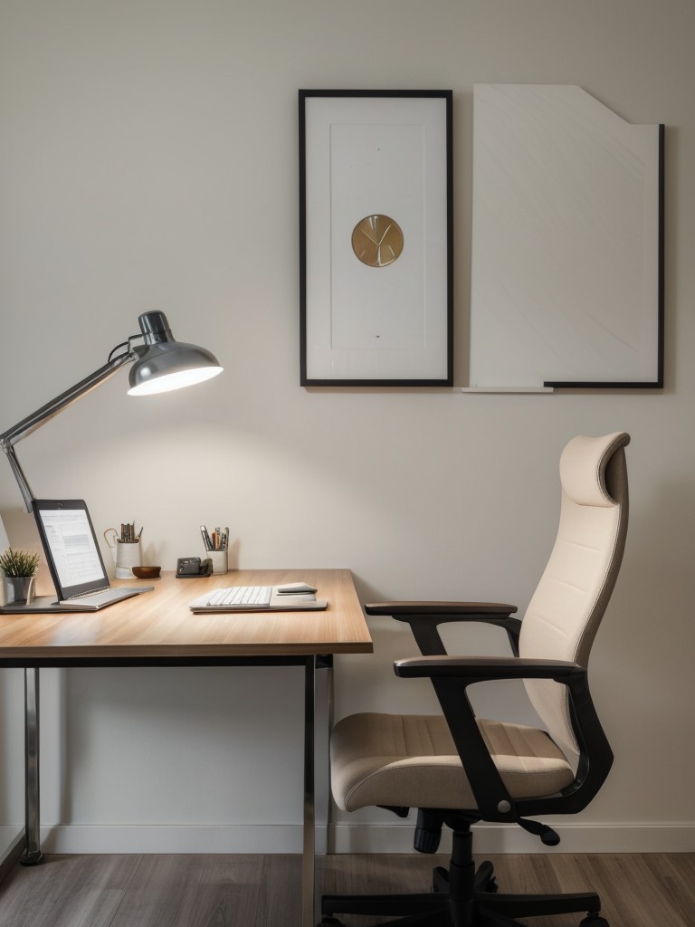 Incorporate a comfortable ergonomic chair and proper lighting to ensure a productive and comfortable work environment.