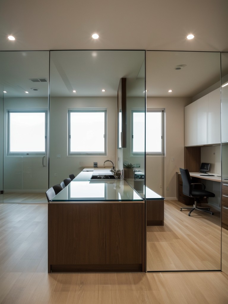 Use glass or mirrored surfaces to reflect light and create an illusion of a larger workspace.