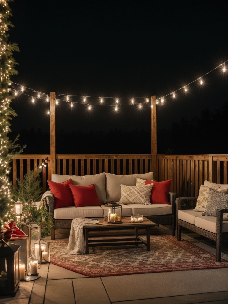 Create a cozy and inviting atmosphere with comfortable outdoor furniture, festive string lights, and vibrant cushions and blankets.