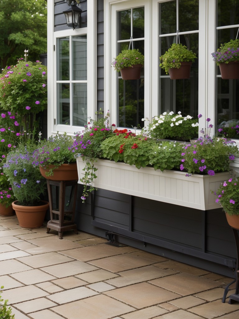 Employ a combination of potted plants, hanging baskets, and window boxes to add a variety of textures and colors to your outdoor space.