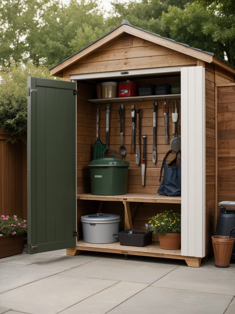 Incorporate a small garden shed or storage bench to keep your patio essentials organized and out of sight.