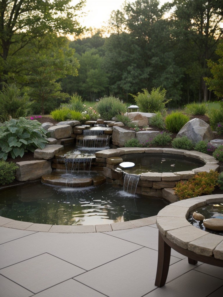 Incorporate a small water feature, such as a fountain or a tabletop pond, to add tranquility and a soothing sound to your patio.