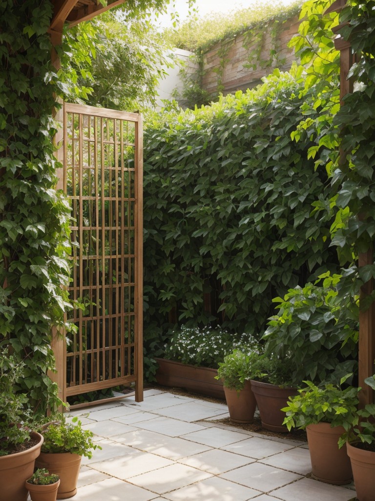 Install privacy screens or trellises adorned with climbing plants to create a secluded and intimate ambiance.