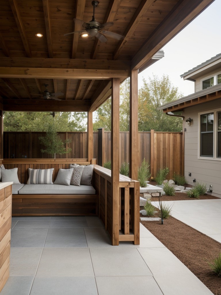 Maximize space by incorporating built-in bench seating along the perimeter of your patio, providing both seating and storage options.