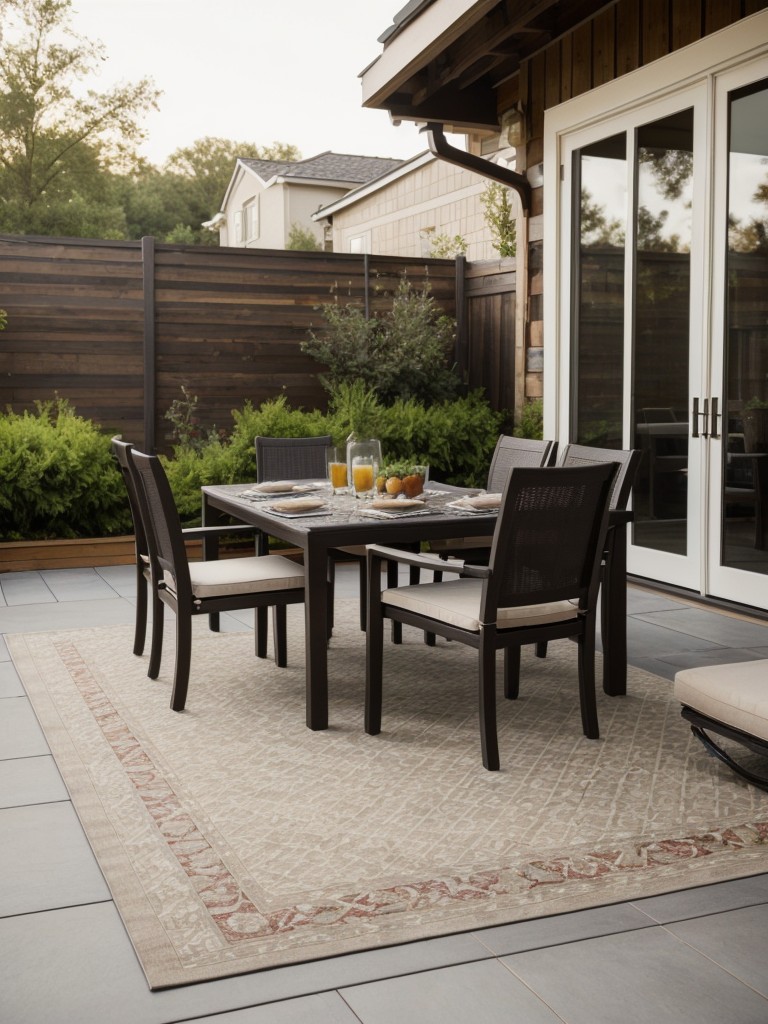 Utilize a decorative outdoor rug to define different zones within your patio, such as a dining area or a lounging area.