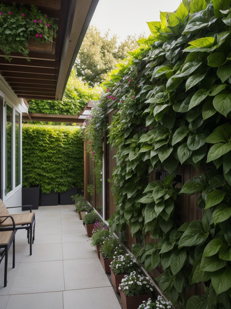 Utilize hanging baskets and vertical planters to create a lush green wall, adding beauty and privacy to your patio.