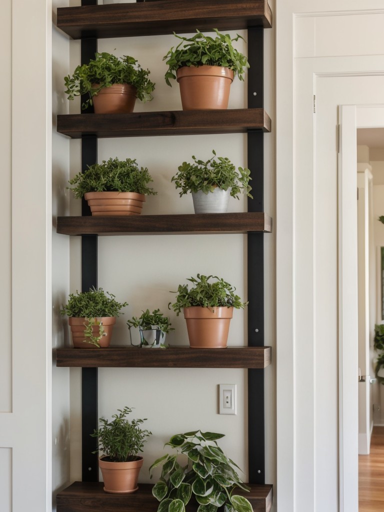 Utilize vertical space by hanging plants and installing floating shelves for a multi-functional display area.