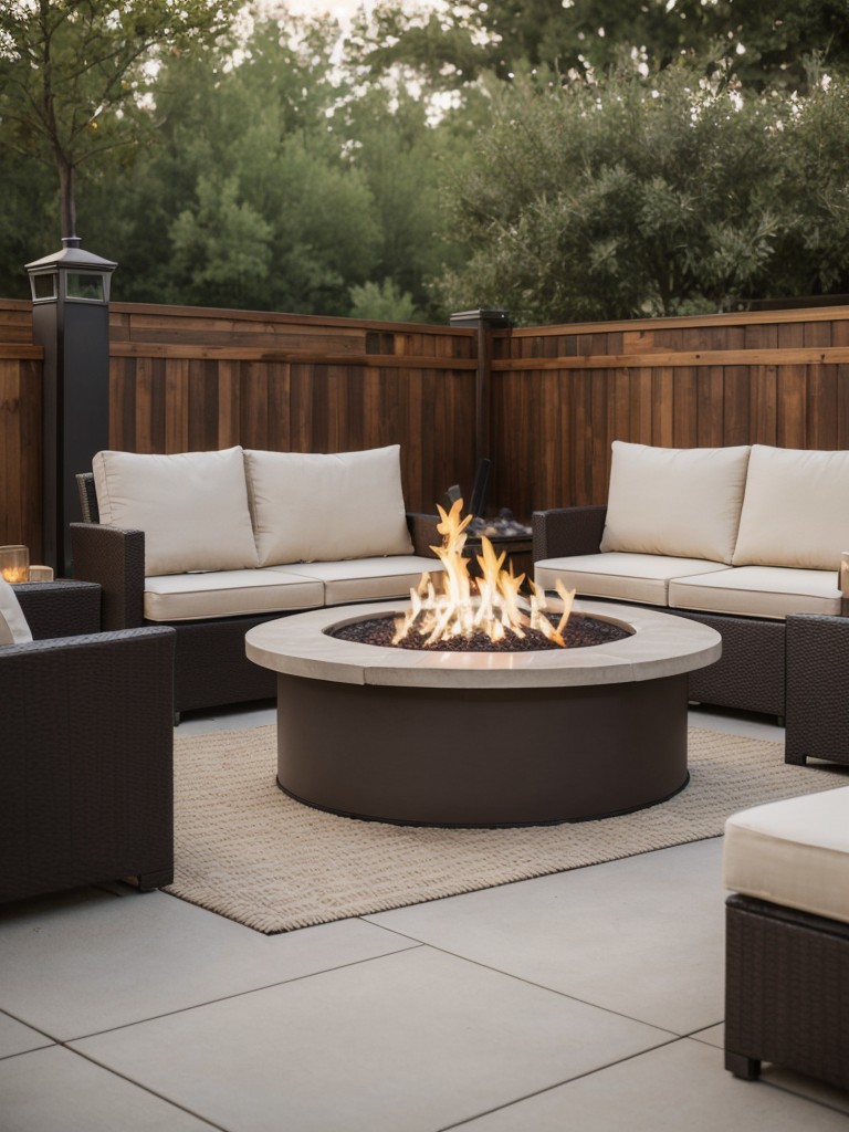 Adding a touch of luxury to a small apartment patio with a small built-in fire pit, cozy seating, and plush cushions.