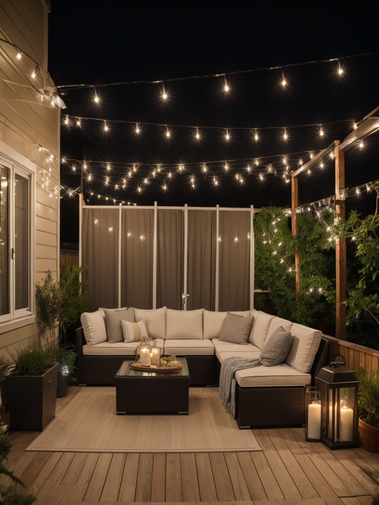 Creating a cozy outdoor oasis in a small apartment patio with string lights, comfortable seating, and weather-resistant flooring.