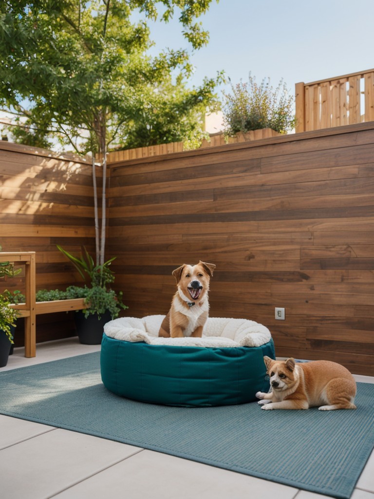 Creating a pet-friendly small apartment patio with a designated area for their food and water bowls, a cozy pet bed, and toys for playtime.