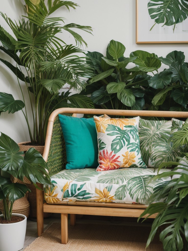 Creating a small apartment patio with a tropical vibe by incorporating tropical plants, vibrant textiles, and comfortable loungers.