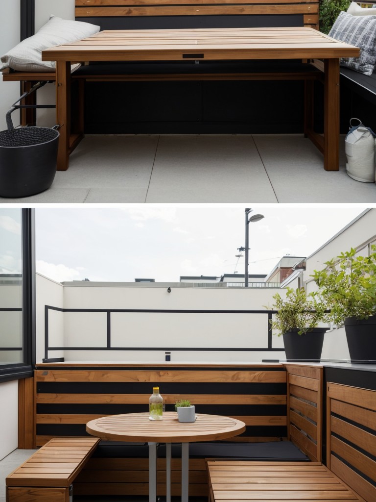 Creating a versatile small apartment patio by incorporating multifunctional furniture, like a bench that doubles as storage or a table with foldable sides.