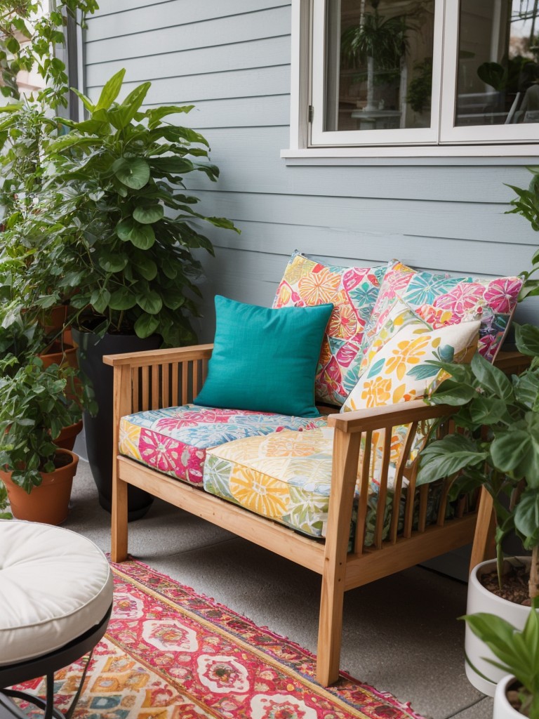 Creating a vibrant and colorful small apartment patio with eclectic furniture, patterned throw pillows, and a mix of potted plants.