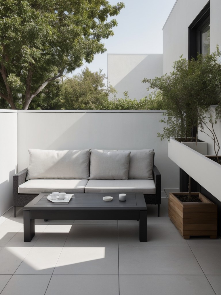 Designing a small apartment patio with a minimalistic approach, using sleek furniture, simple lines, and a monochromatic color scheme.