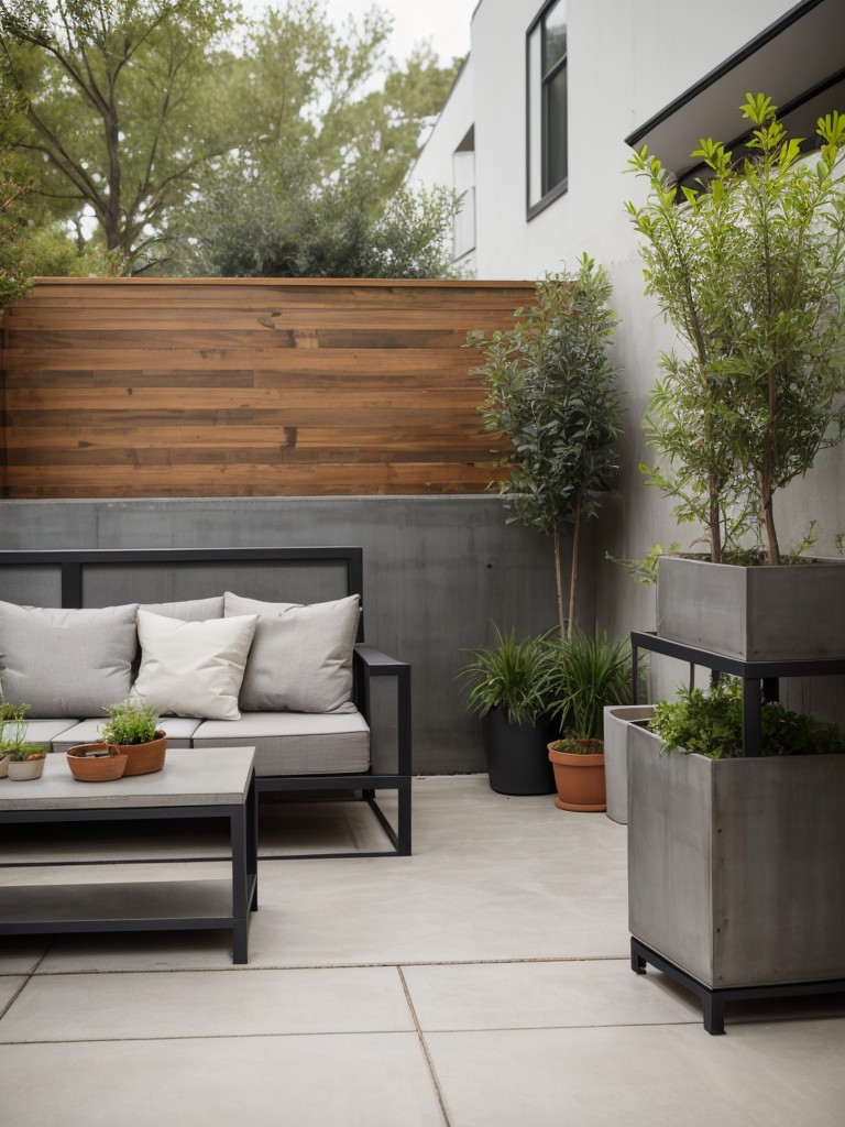 Designing a small apartment patio with a modern industrial look, using concrete planters, metal furniture, and minimalist decor.