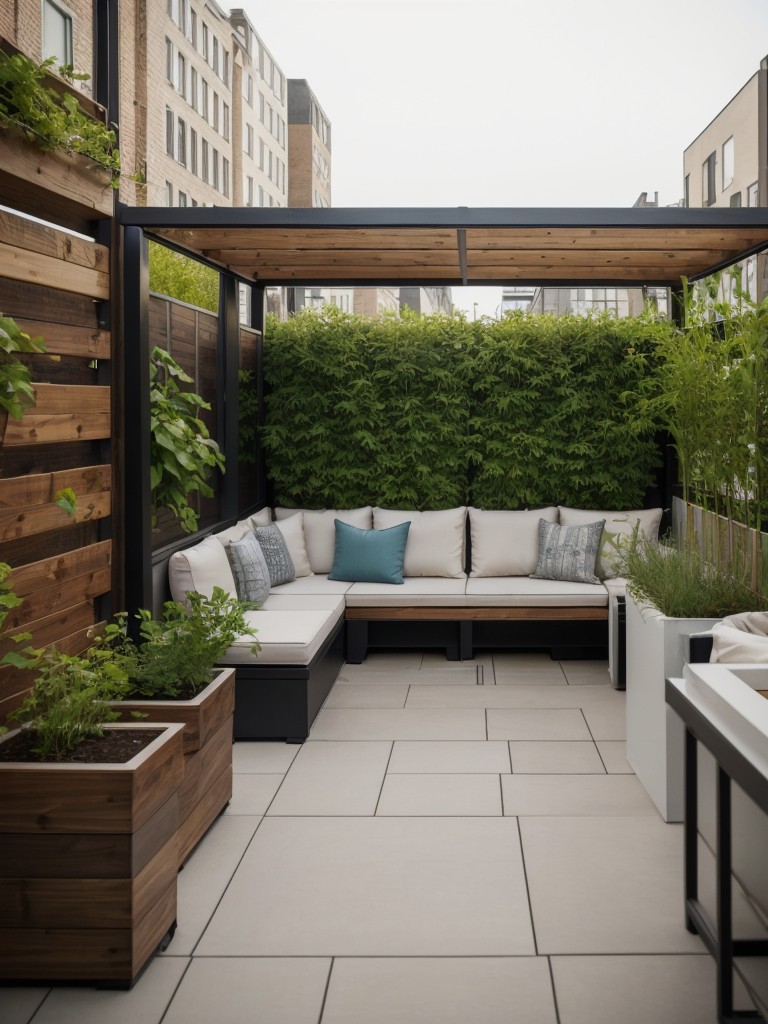 Designing a small apartment patio with a rooftop garden concept, incorporating raised garden beds, planters, and a seating area with stunning views.