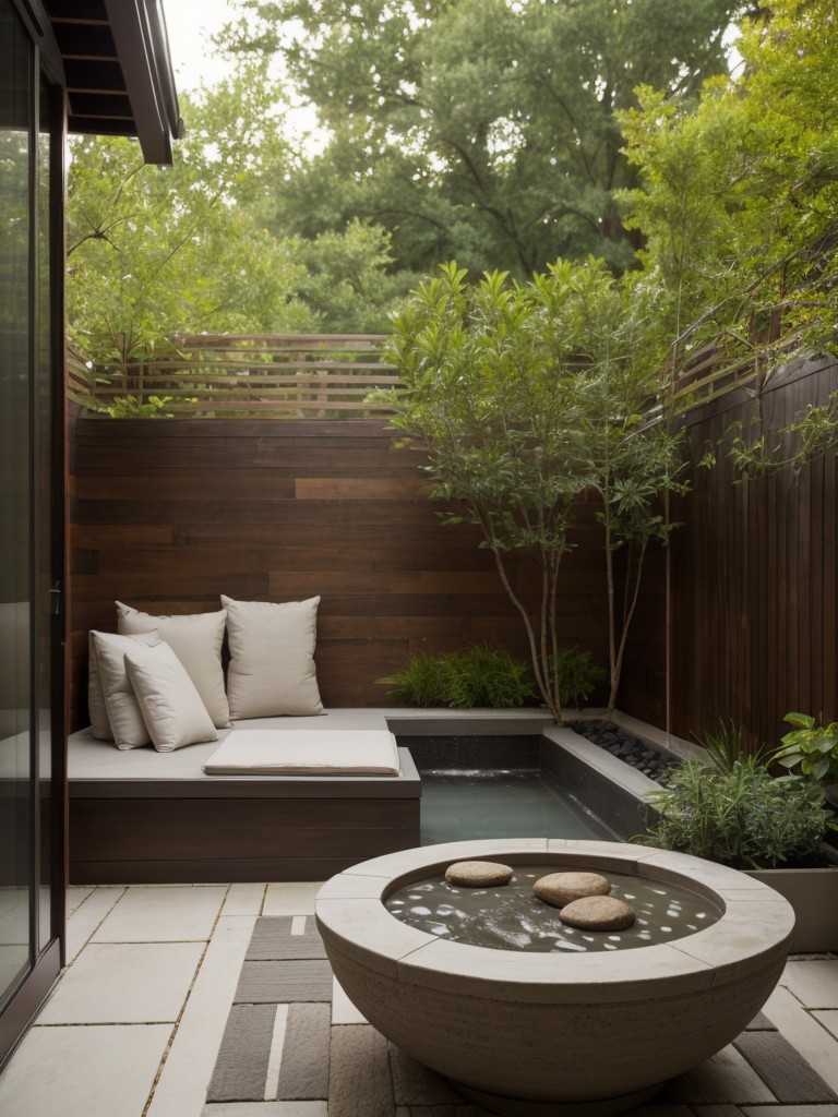 Designing a small apartment patio with a Zen-inspired aesthetic, incorporating a small water feature, meditation space, and natural materials.