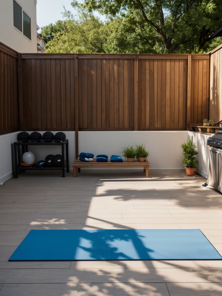 Enhancing a small apartment patio with a small outdoor workout area, including exercise equipment, yoga mat, and resistance bands.