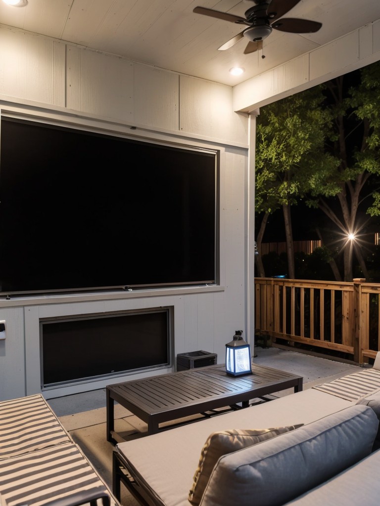 Incorporating an entertainment area in a small apartment patio with a small projector, screen, and cozy seating for outdoor movie nights.