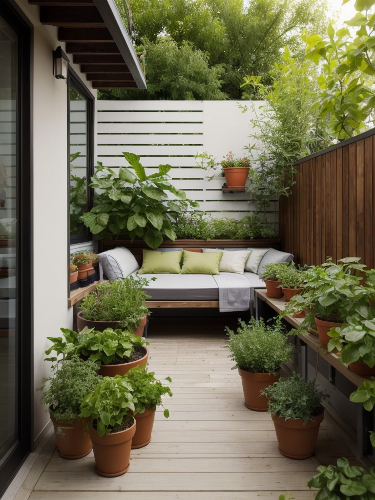 Incorporating natural elements in a small apartment patio with a small garden bed, herb garden, or potted plants.