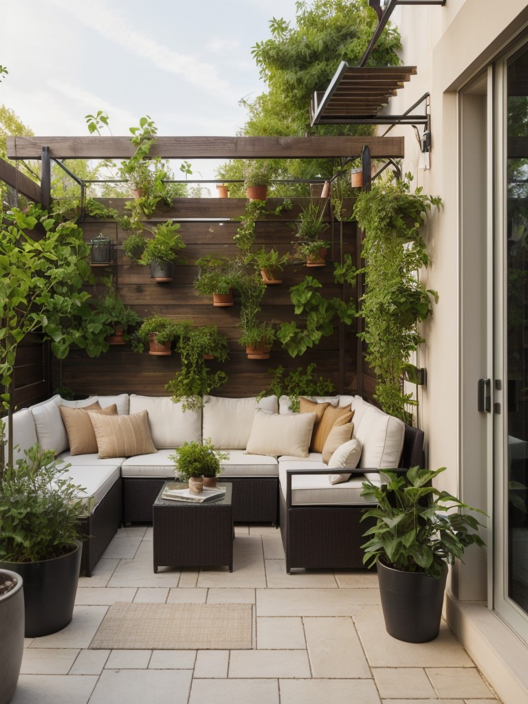 Incorporating privacy in a small apartment patio with tall plants, trellises, or outdoor curtains.