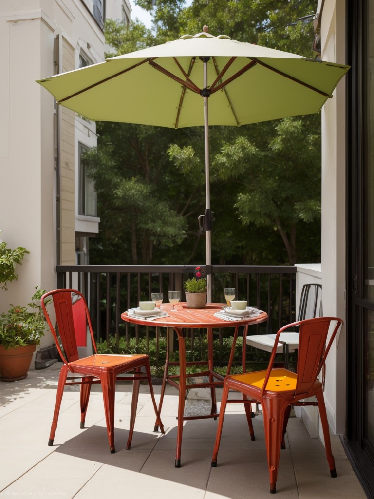 Incorporating a small bistro-style dining area in a small apartment patio with a compact table and chairs, colorful tableware, and a small umbrella for shade.