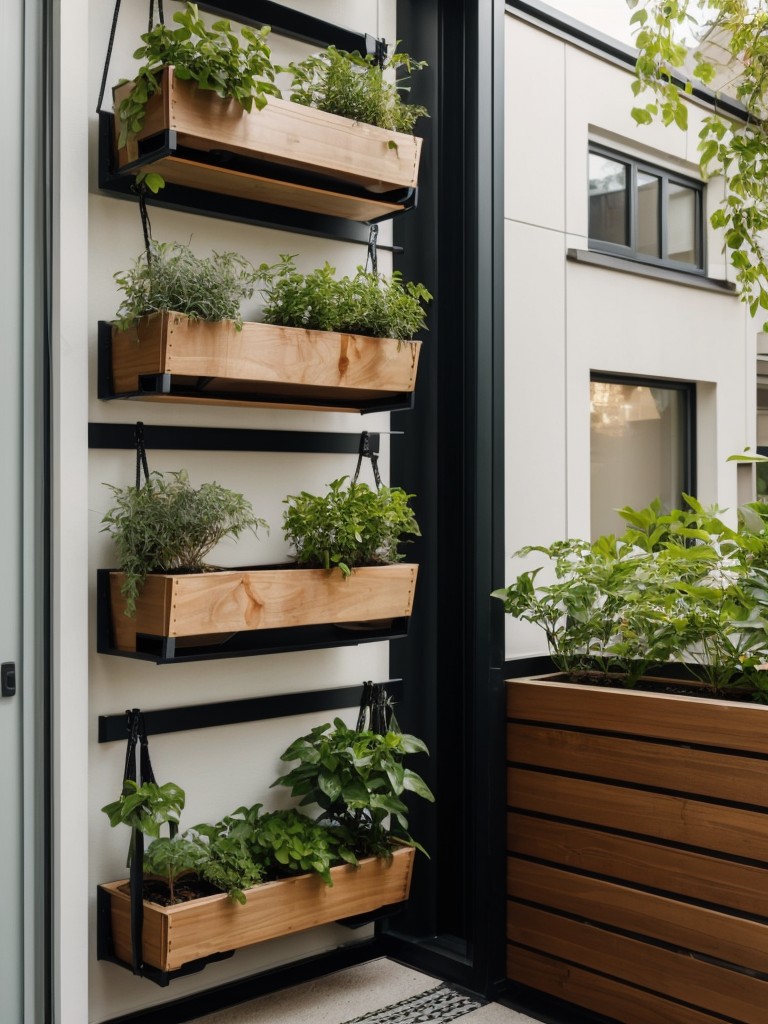 Maximizing space in a small apartment patio with vertical gardens, hanging planters, and compact furniture.
