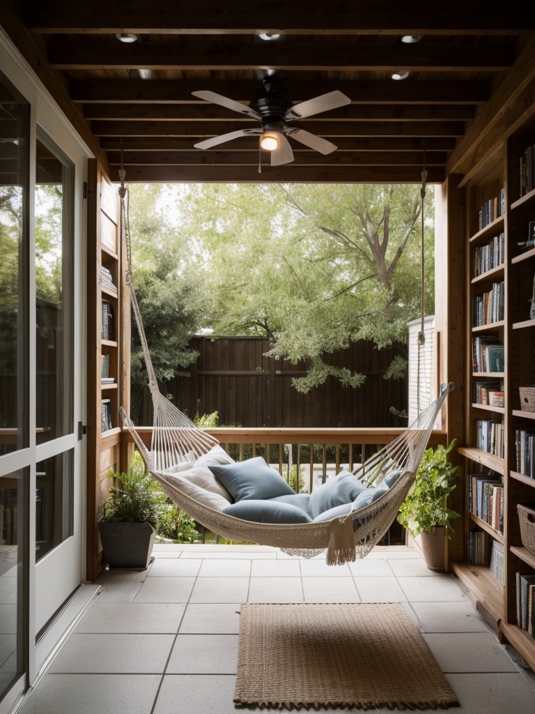 Transforming a small apartment patio into a relaxation spot with a hammock or hanging chair, soft lighting, and a small bookshelf.