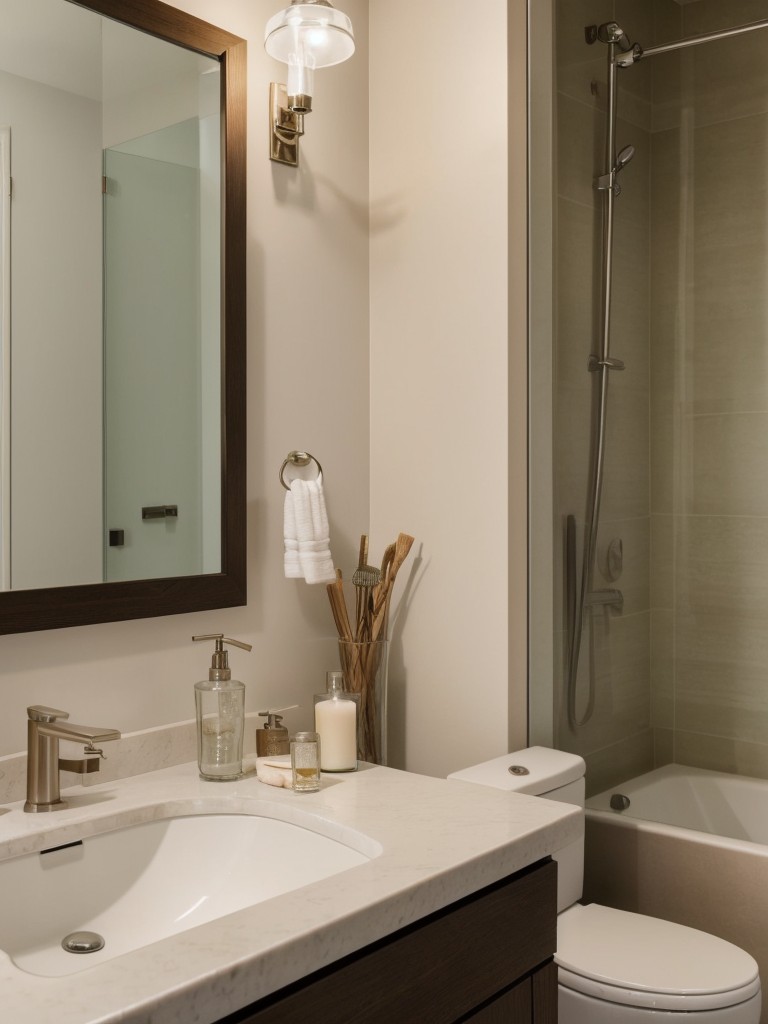 Creating a calming and serene oasis in a small apartment bathroom with soothing colors, utilizing natural materials, and incorporating soft lighting and candles for relaxation.