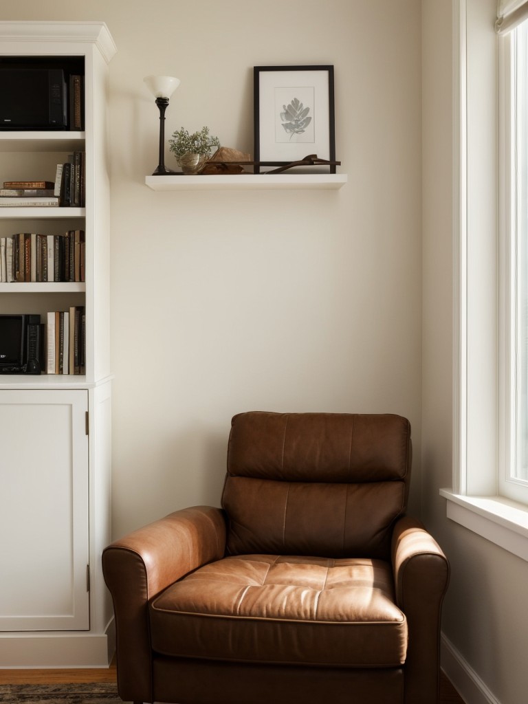 Creating a stylish small apartment reading nook with a comfortable chair or chaise lounge, utilizing wall-mounted bookshelves, and incorporating soft lighting for an inviting ambiance.