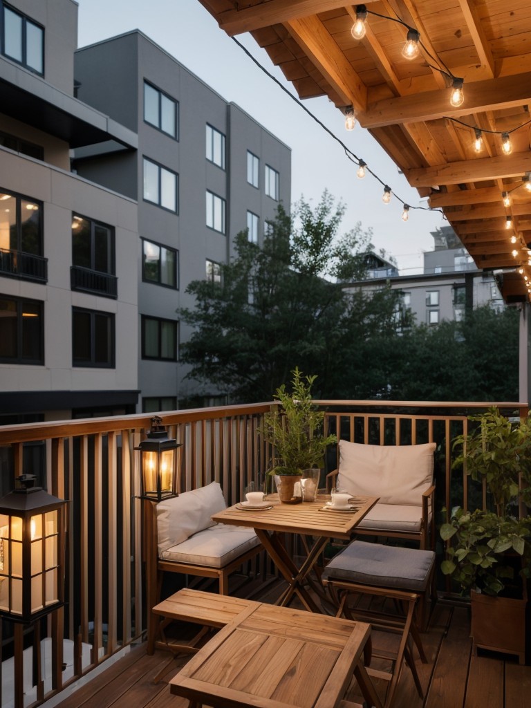 Design ideas for small apartment balconies, including using folding furniture, vertical planters, and incorporating string lights or lanterns for a cozy outdoor retreat.