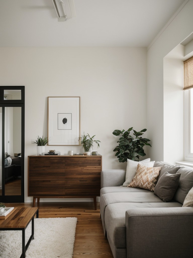 Design tips for creating a visually cohesive and spacious feel in a small apartment, such as using a consistent color palette throughout, incorporating cohesive furniture styles, and minimizing clutter.