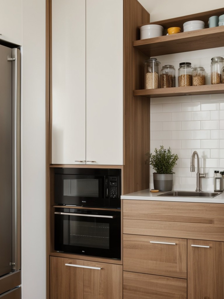 Design tips for small apartment kitchens, such as installing open shelving, utilizing magnetic storage solutions, and incorporating compact appliances.