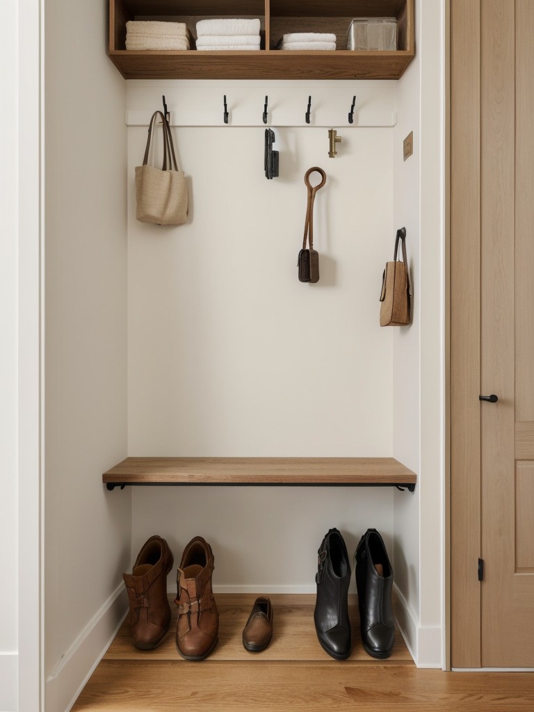 Designing a functional and stylish small apartment entryway with hooks and shelves for shoes and outerwear, utilizing a foldable or wall-mounted table for keys and mail, and incorporating a statement mirror for added depth.